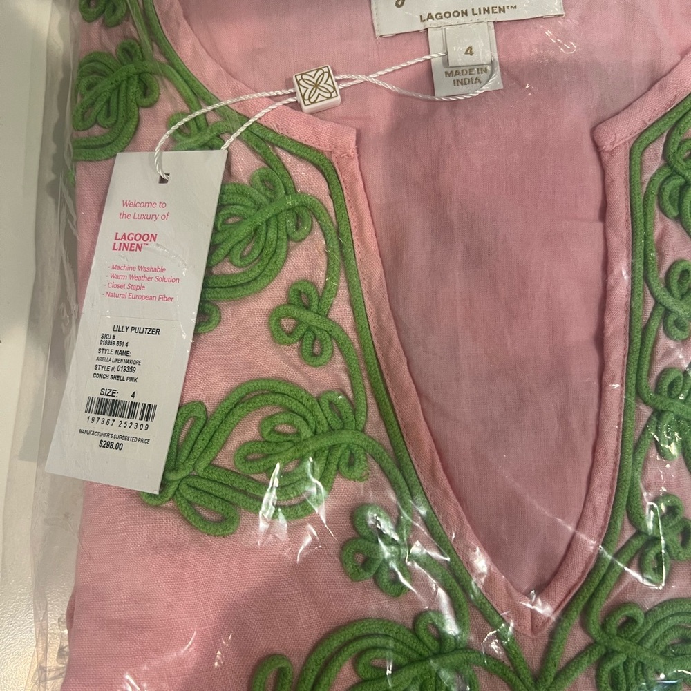 Lilly Pulitzer Pink Maxi Linen Caftan Ariella Green Embroidery - Picture 13 of 17